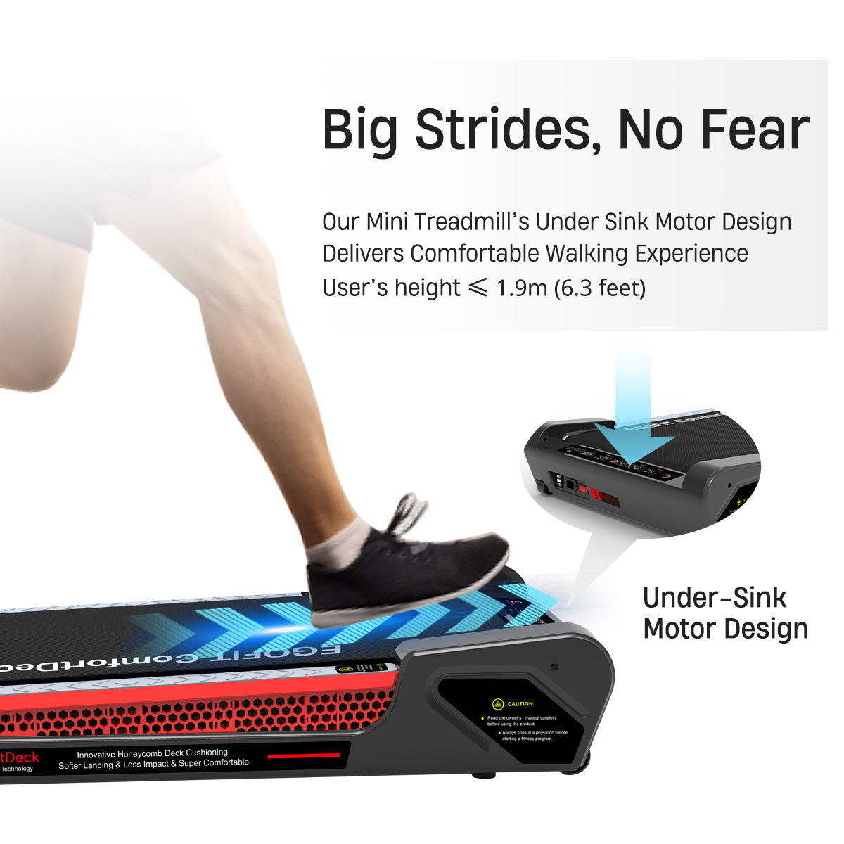 Under-sink motor design of Egofit ComfortDeck-M2 gray treadmill – powerful and compact
