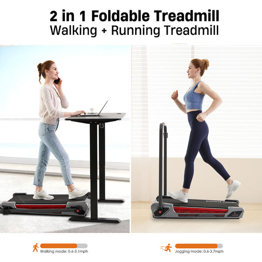 Egofit ComfortDeck-M2T gray 2-in-1 treadmill used under standing desk and for jogging with handrail