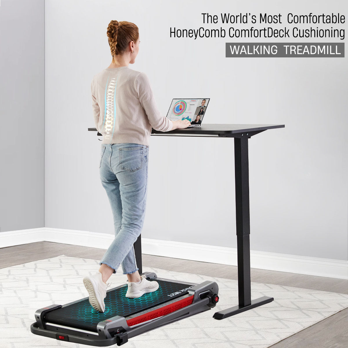 Egofit ComfortDeck-M2T gray treadmill – model showing joint support on knees, calves, and lower back