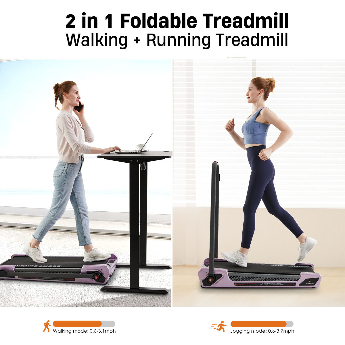 Egofit ComfortDeck-M2T sakura pink 2-in-1 treadmill used under standing desk and for jogging with handrail