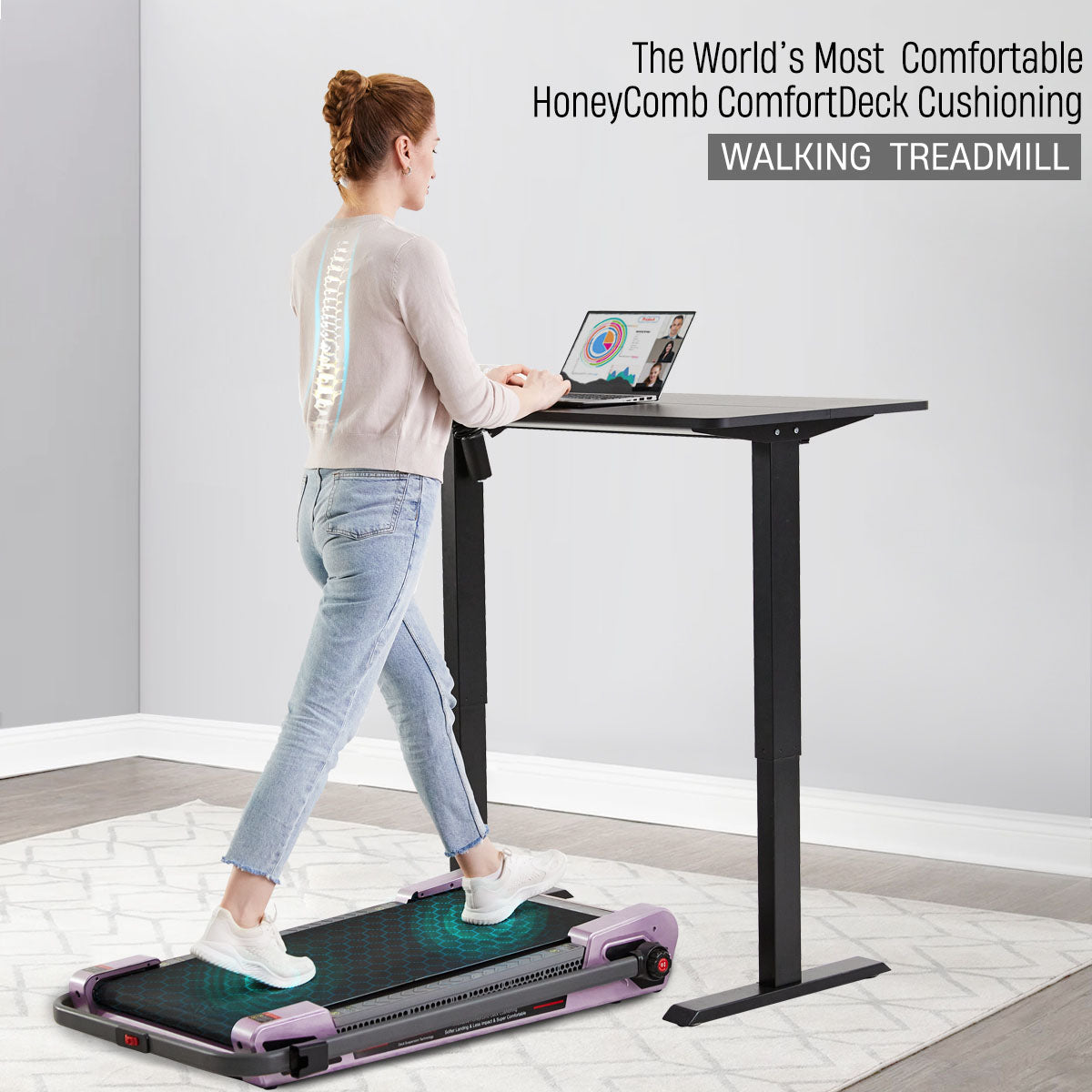 Egofit ComfortDeck-M2T sakura pink treadmill – model showing joint support on knees, calves, and lower back