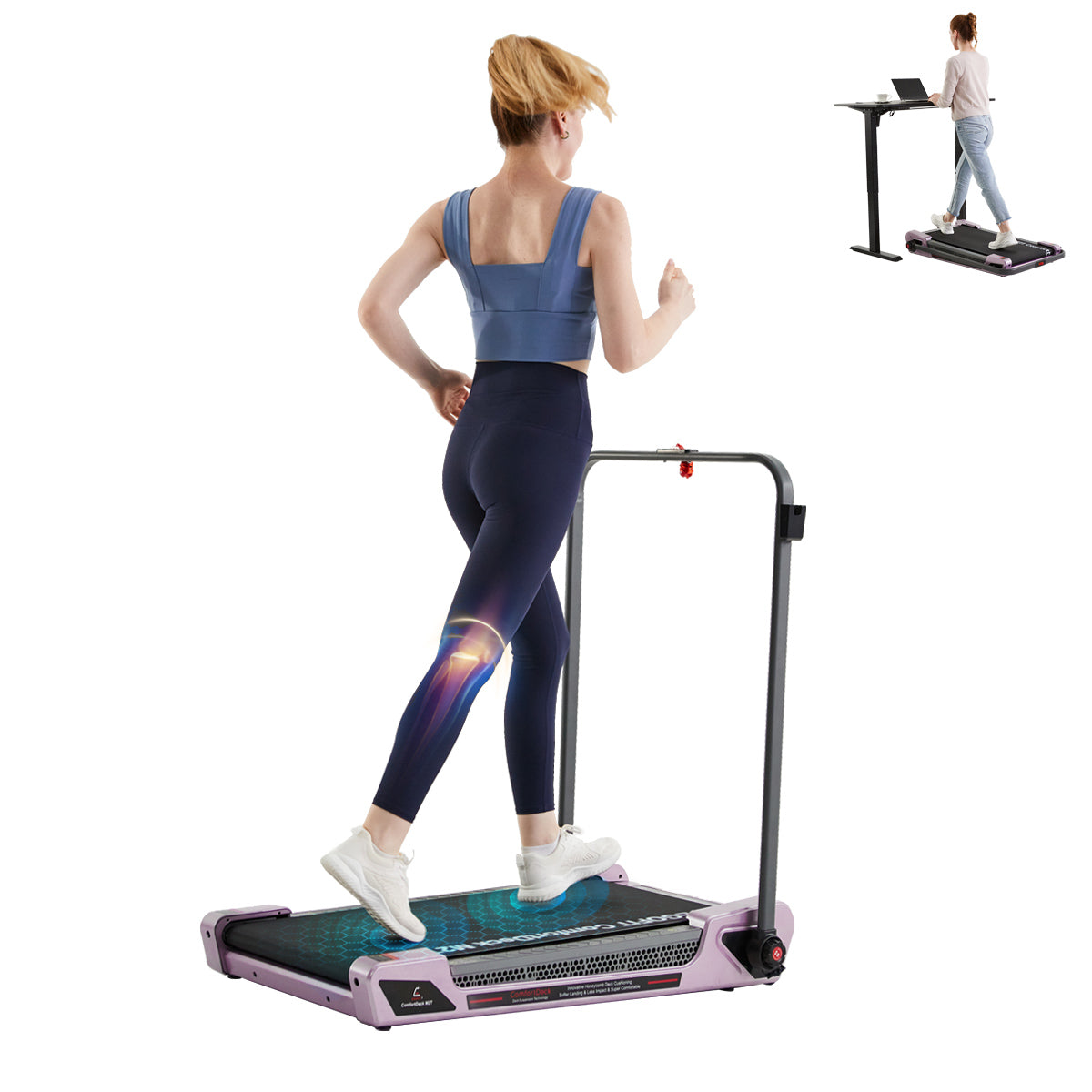 Egofit ComfortDeck-M2T sakura pink treadmill with handrail – model walking at home