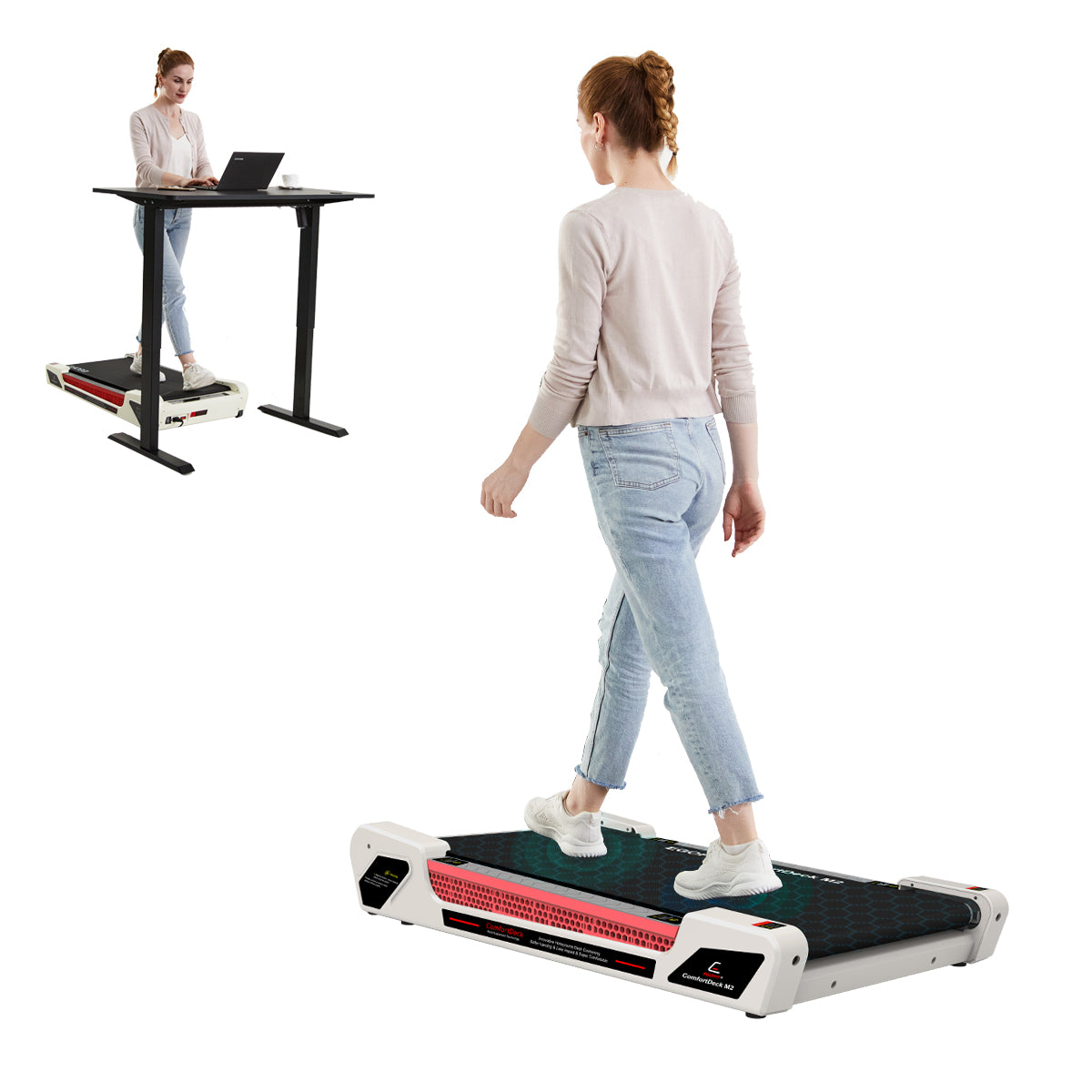 Egofit ComfortDeck-M2 pearl white treadmill main image with model walking