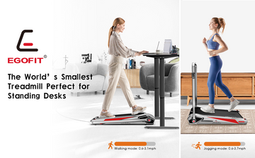 Foldable treadmill switching between desk walking and jogging modes with open and folded handrail