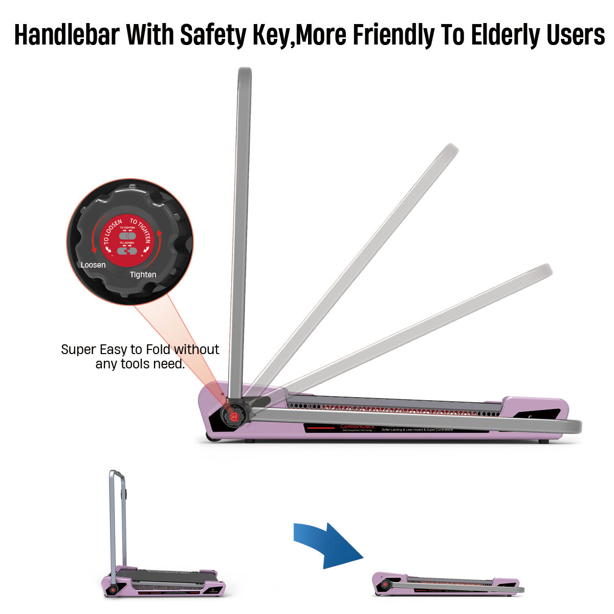 Folding handrail with safety key on Egofit ComfortDeck-M2T sakura pink treadmill 2