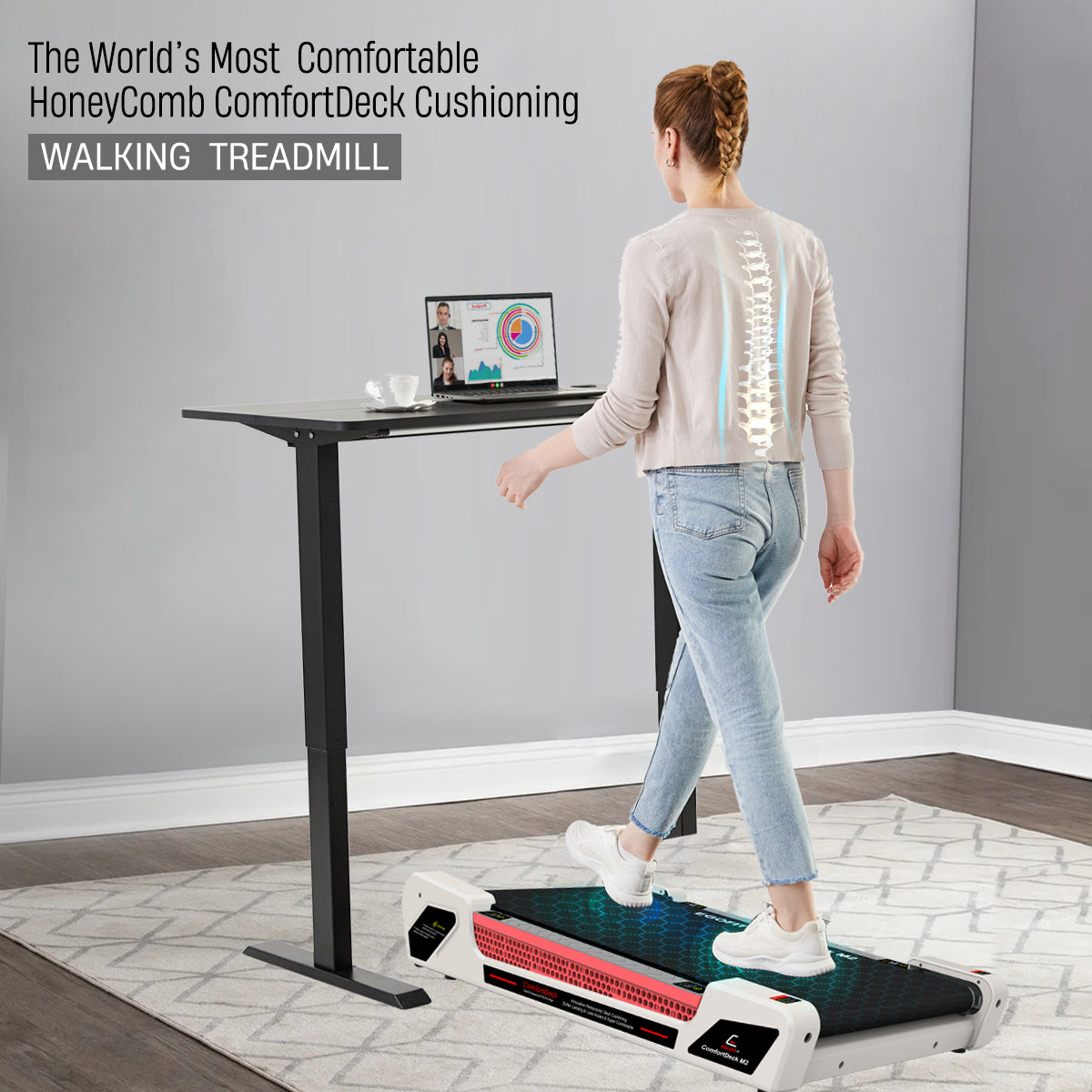 Honey Comb Deck Cushioning on Egofit ComfortDeck-M2 pearl white treadmill reduces impact for smooth workout