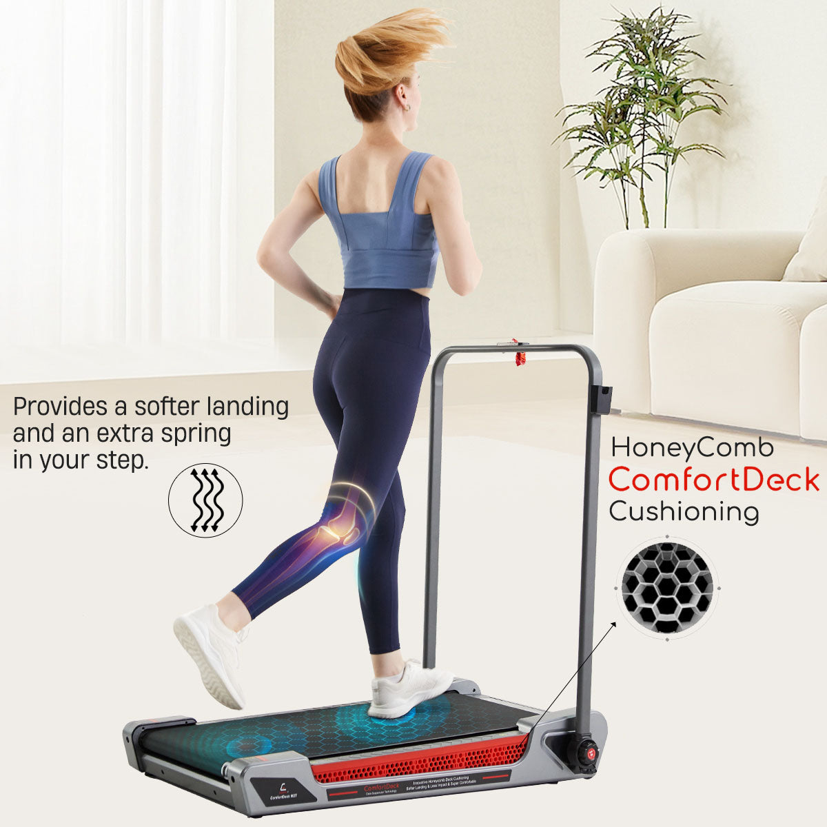 Honeycomb Cushioning Deck on Egofit ComfortDeck-M2T gray treadmill reduces joint impact for smooth walking