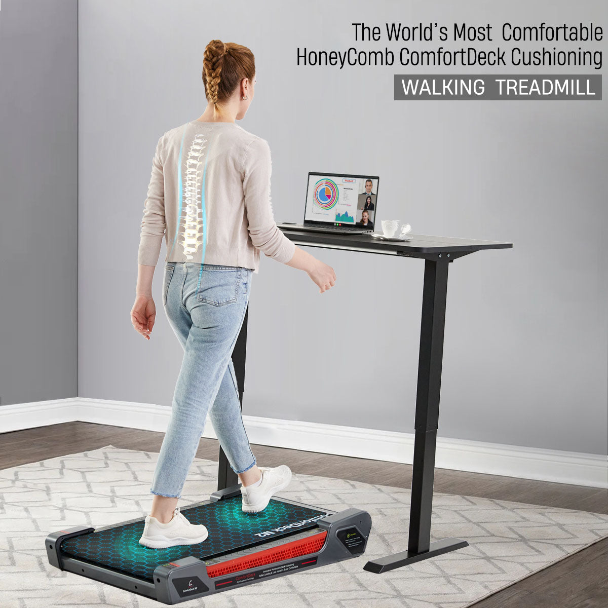 Model demonstrating benefits of Honey Comb Deck Cushioning on Egofit ComfortDeck-M2 gray treadmill
