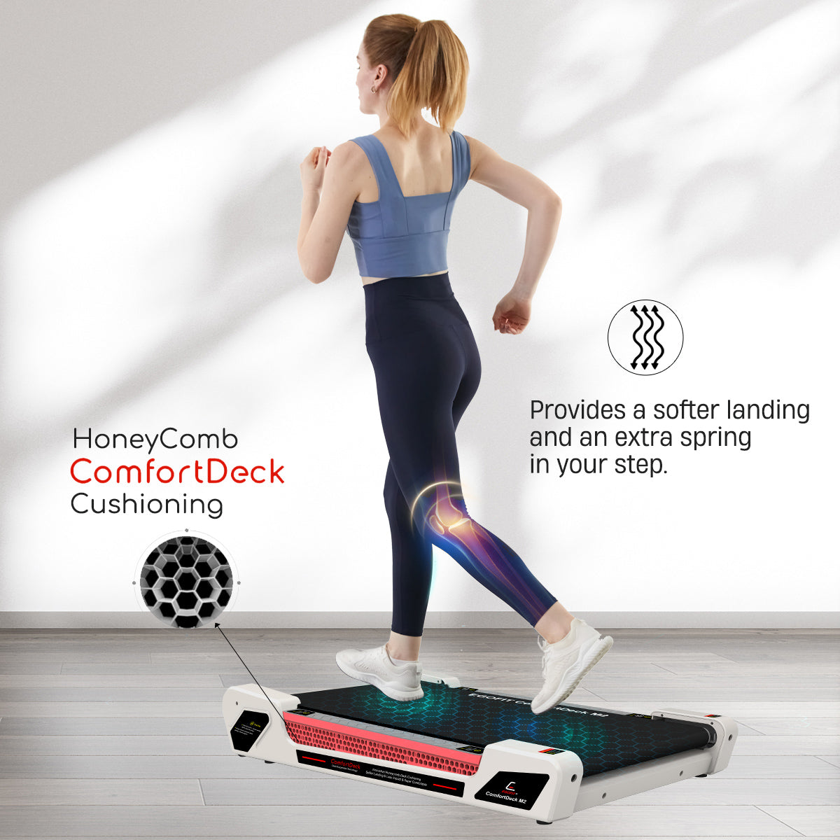 Model demonstrating benefits of Honey Comb Deck Cushioning on Egofit ComfortDeck-M2 pearl white treadmill