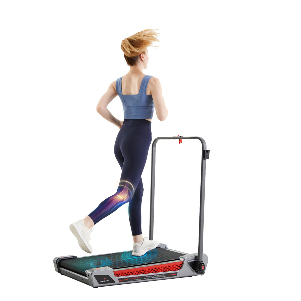 Model using Egofit ComfortDeck-M2T gray treadmill at home and in office space