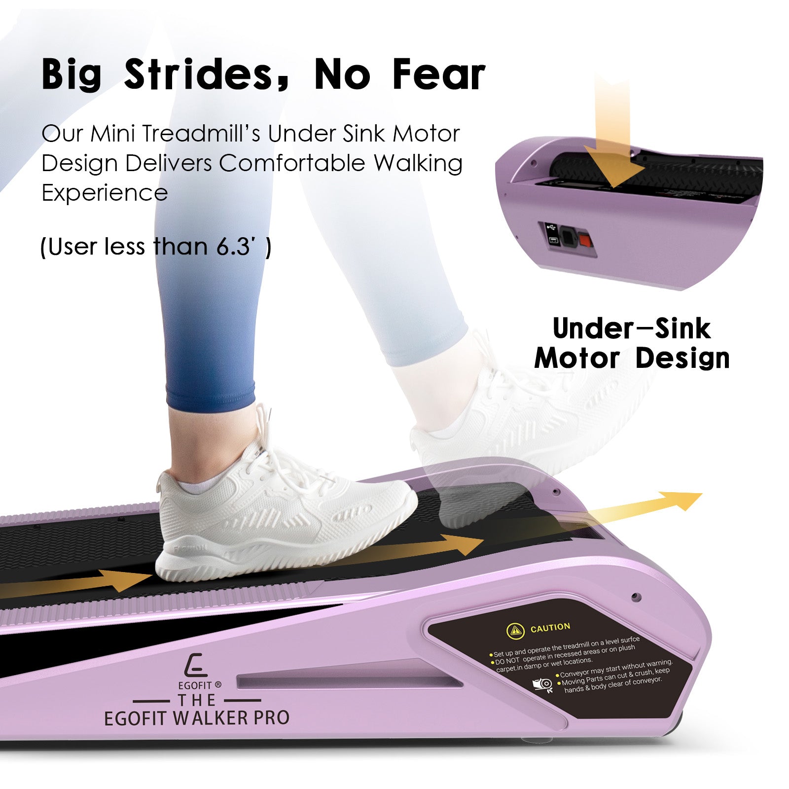 Pink treadmill showing under-motor design – low profile and strong structure