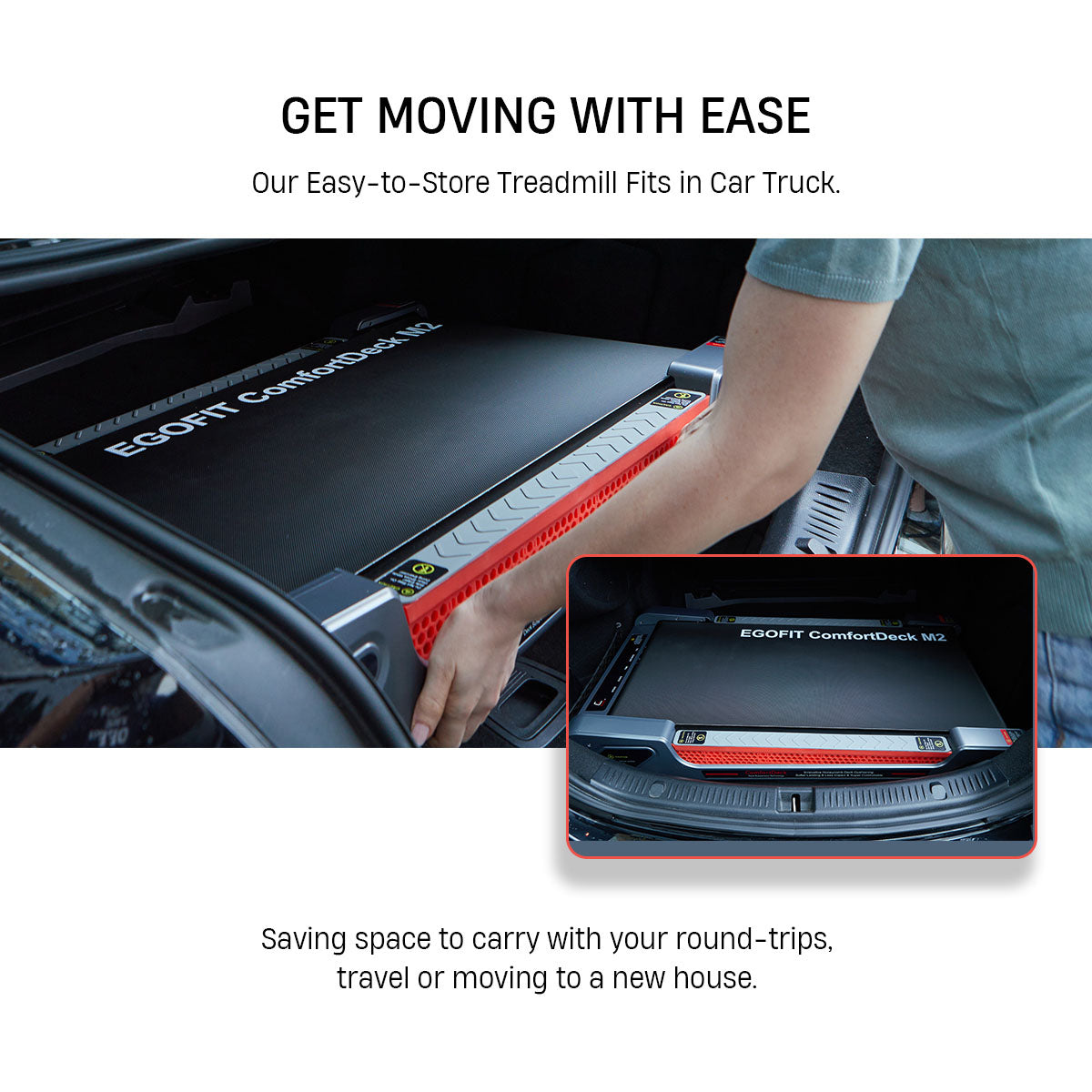 Portable Egofit ComfortDeck-M2 gray treadmill fits easily in car trunk for travel or round trips