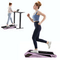 Sakura pink Egofit Walker Pro-M1 under desk treadmill with model walking in workspace