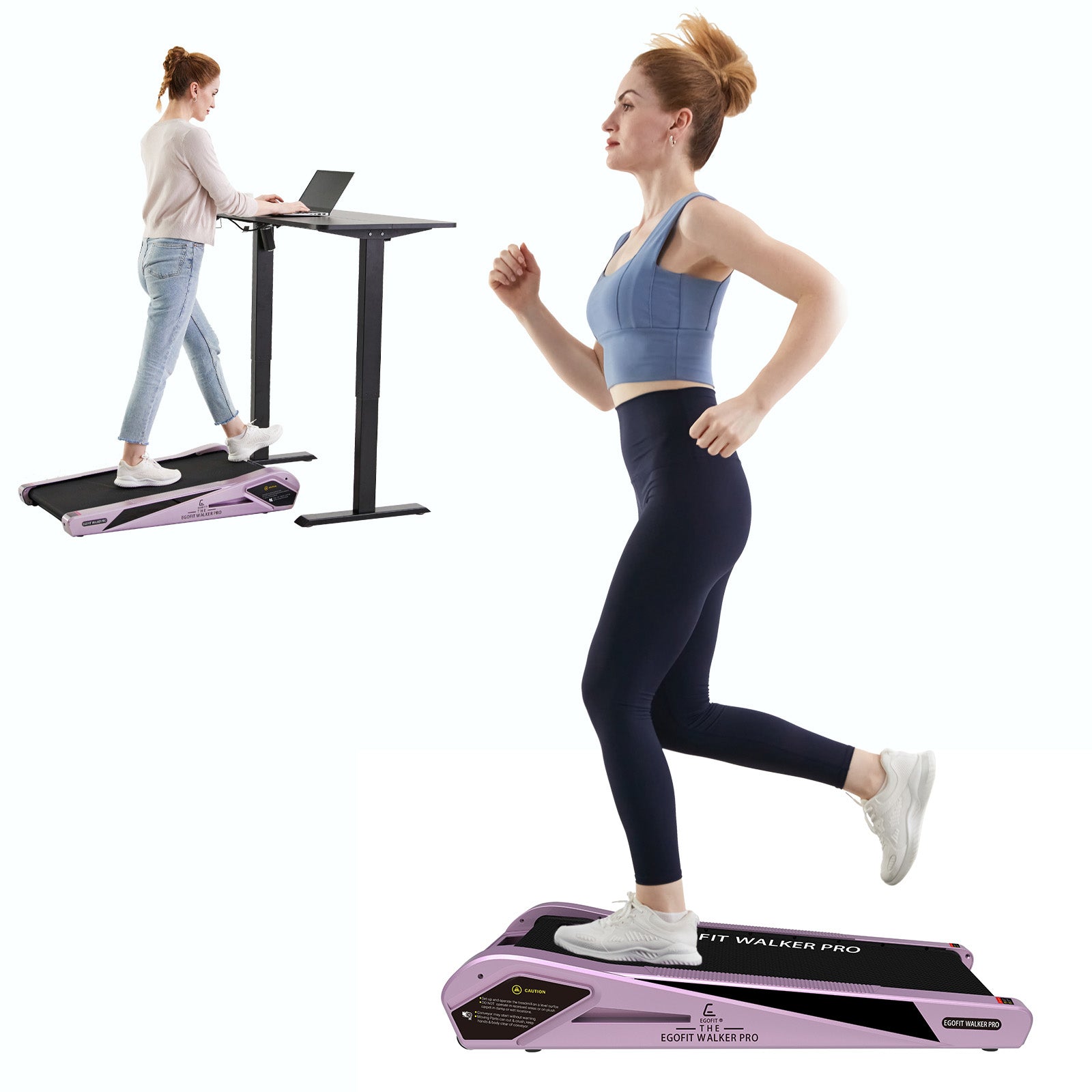 Sakura pink Egofit Walker Pro-M1 under desk treadmill with model walking in workspace
