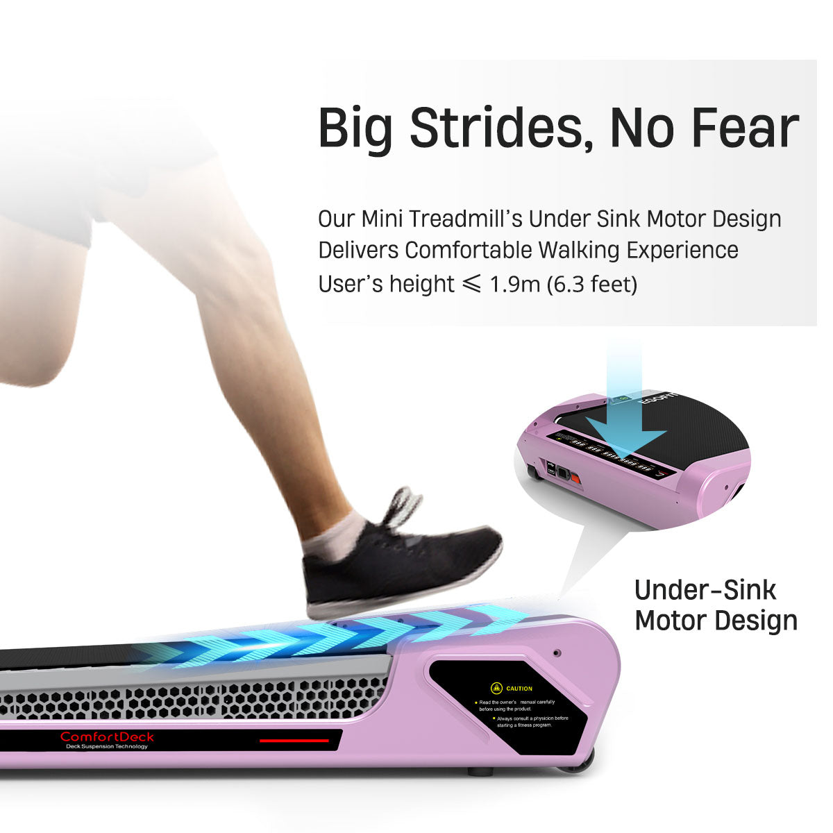 Under-sink motor design of Egofit ComfortDeck-M2 sakura pink treadmill – powerful and compact