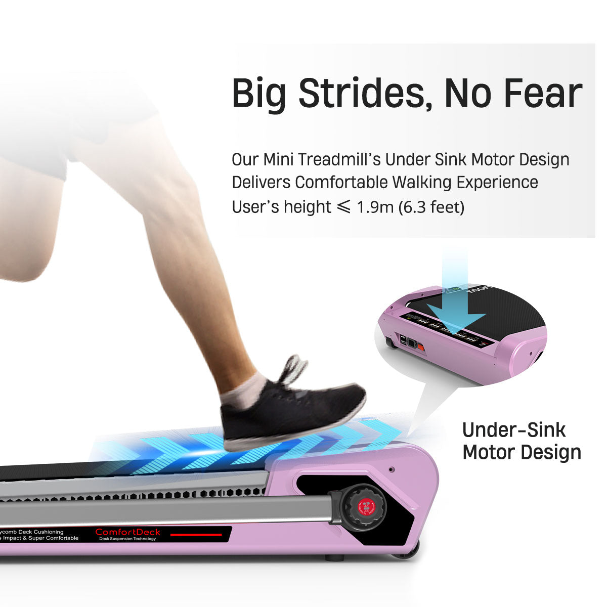 Under-sink motor design of Egofit ComfortDeck-M2T sakura pink treadmill – powerful and compact