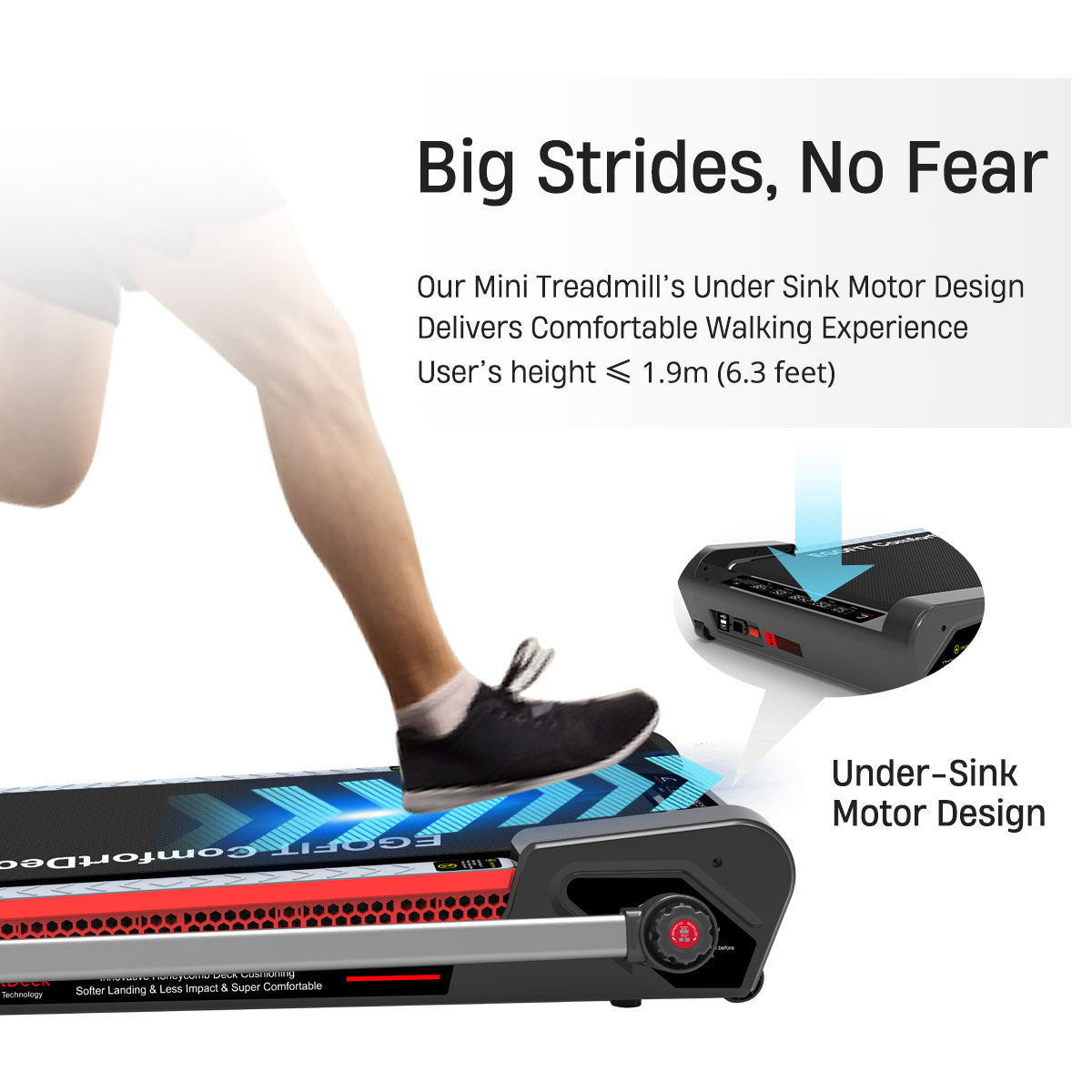Under-sink motor design of Egofit ComfortDeck-M2T gray treadmill – powerful and compact
