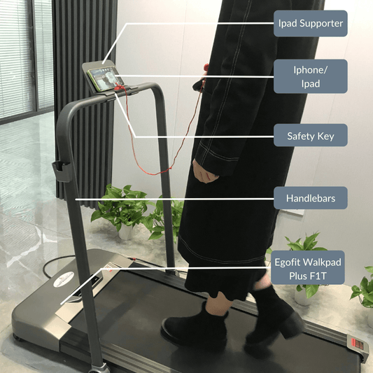 Egofit iPad holder mounted on treadmill in use
