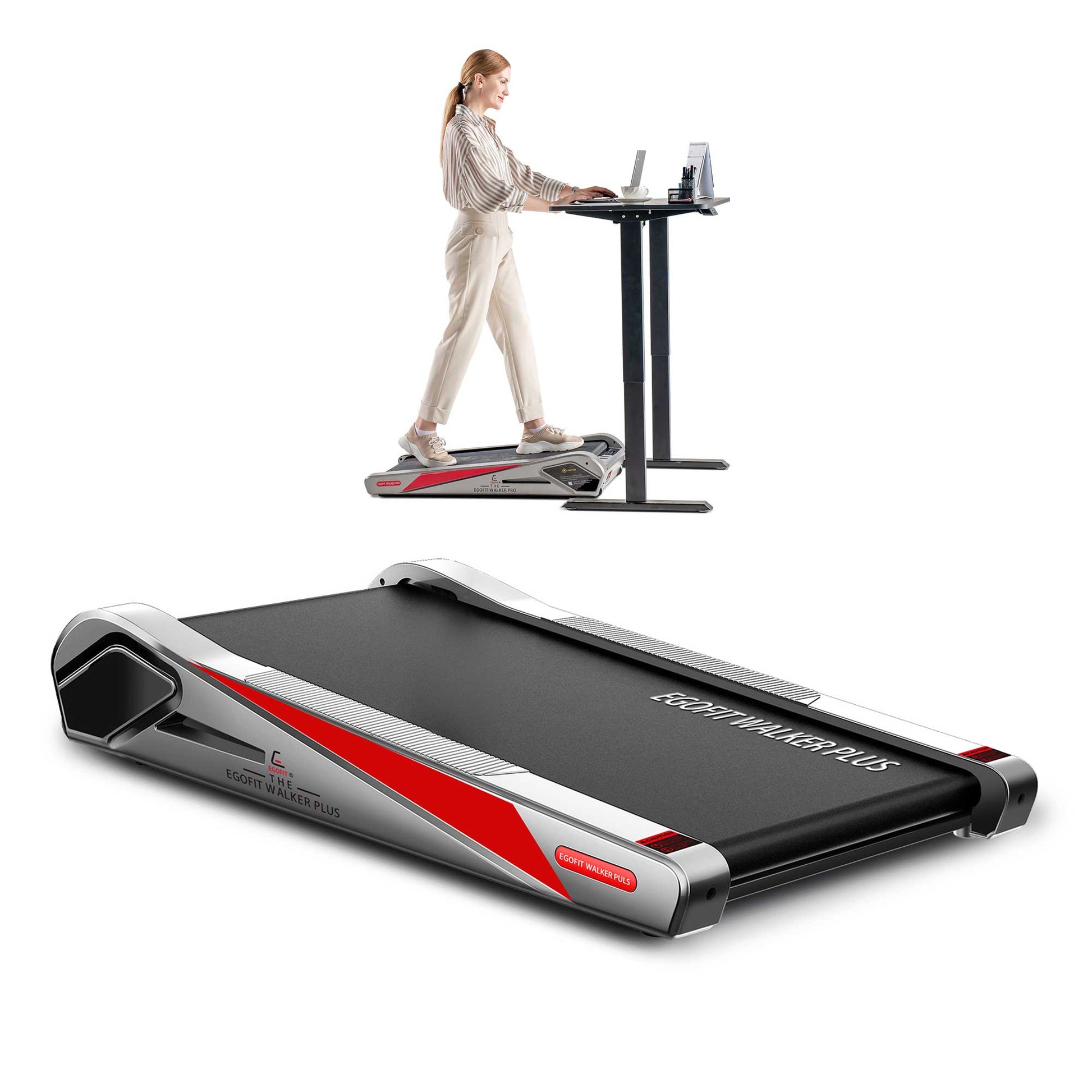 Gray Egofit Walker Pro-M1 under desk treadmill with model using it at home office