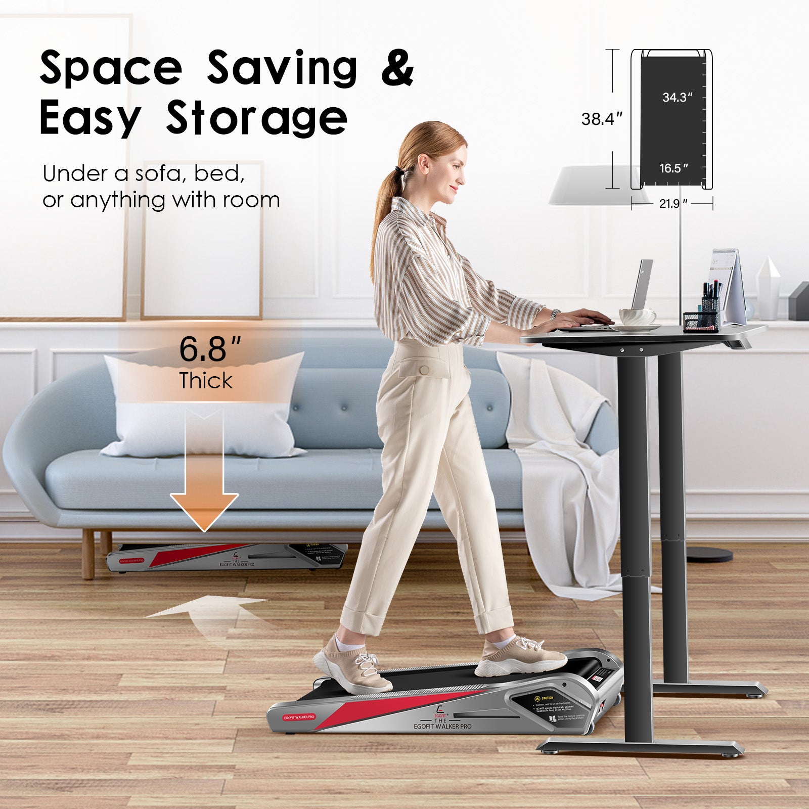Gray compact treadmill stored under sofa – space saving and easy to move