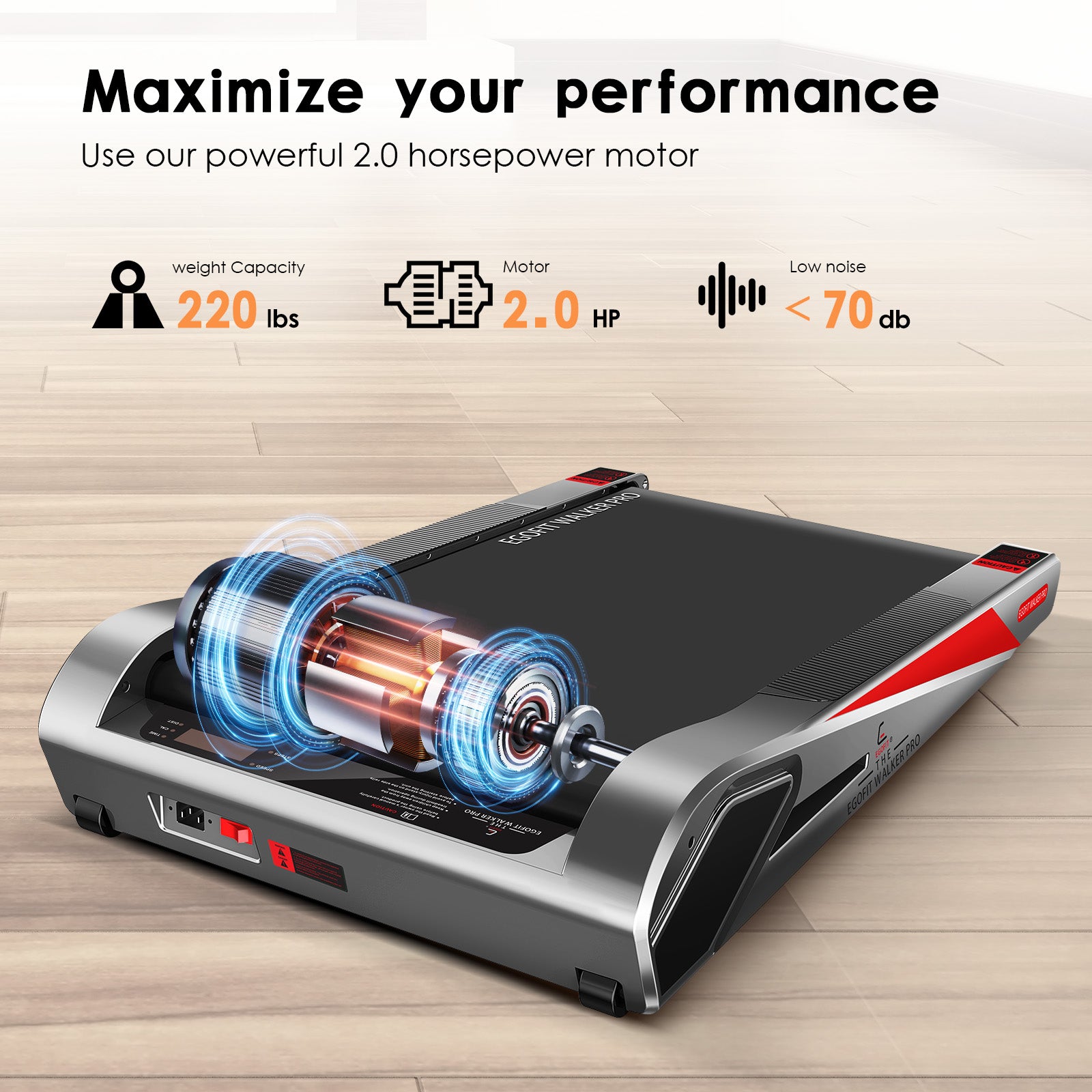 Quiet 2.0HP motor of Egofit treadmill in gray – under 70db silent operation