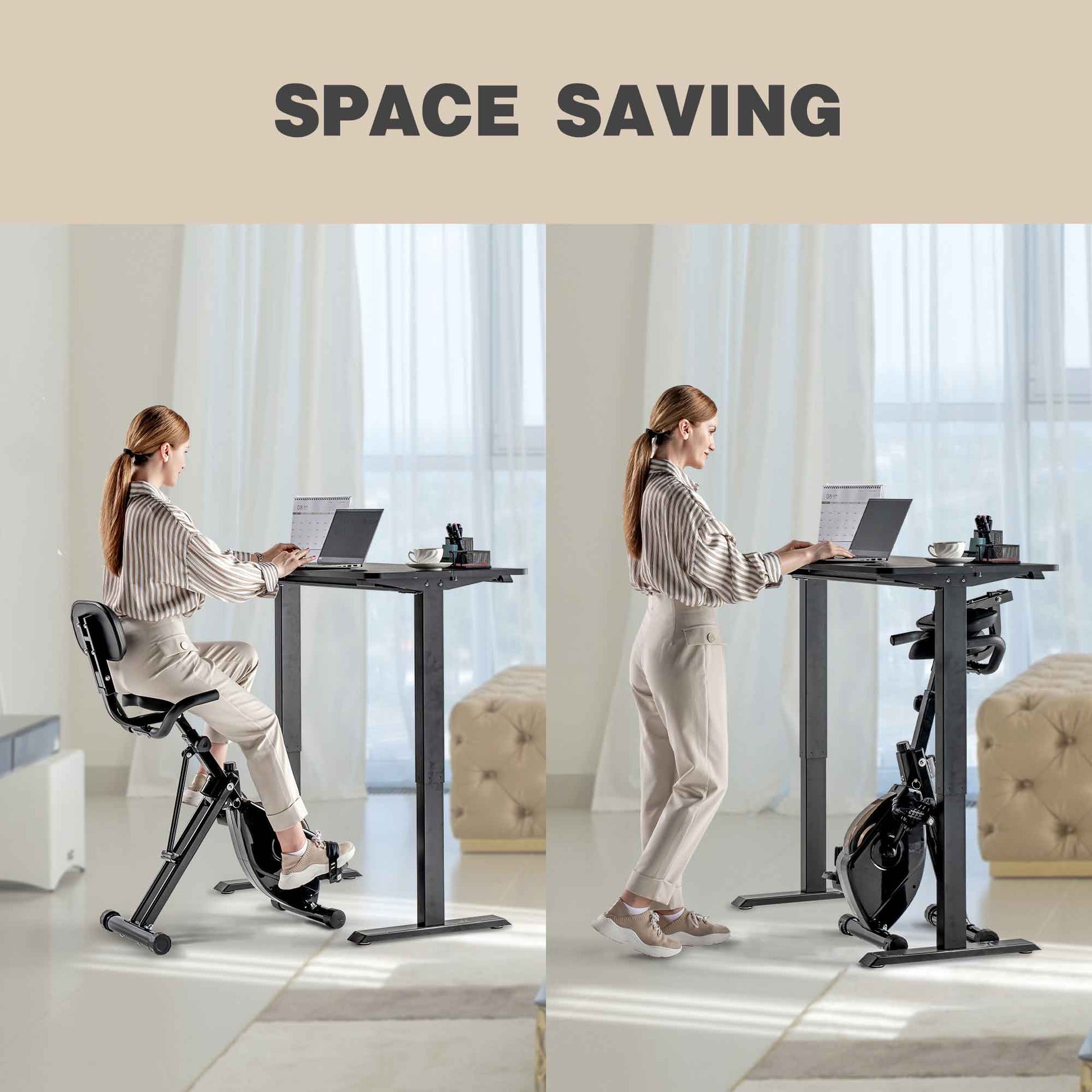 Space saving foldable Egofit desk bike for easy storage
