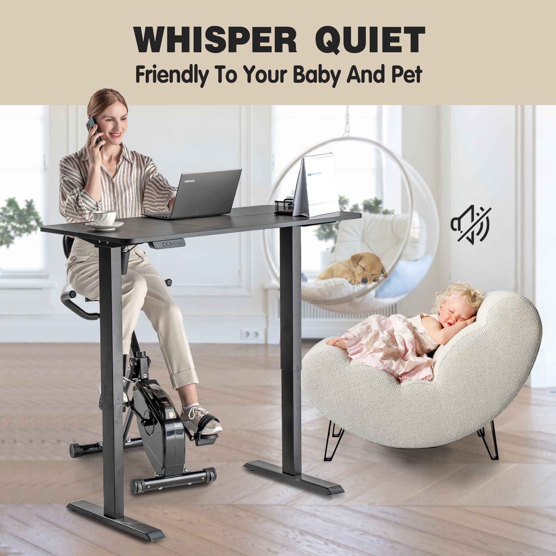 Whisper quiet operation of Egofit desk bike friendly for babies and pets
