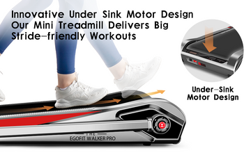 Compact treadmill with spacious walking area and innovative motor design