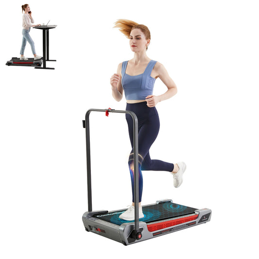 Egofit ComfortDeck-M2T gray treadmill with handrail – model walking at home
