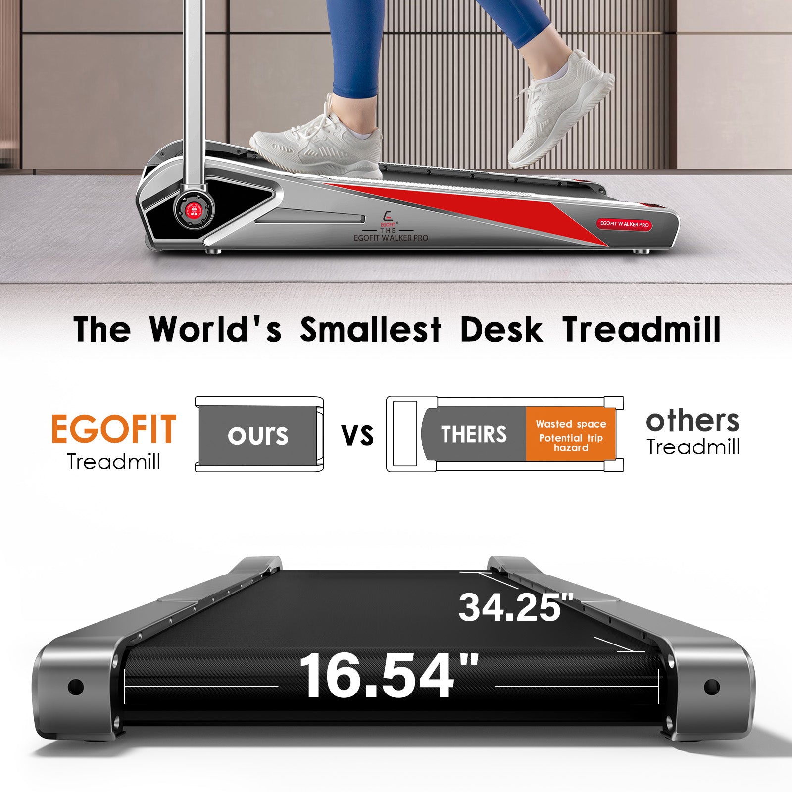 Compact size and dimensions of Egofit Walker Plus-M1T folding treadmill for small spaces
