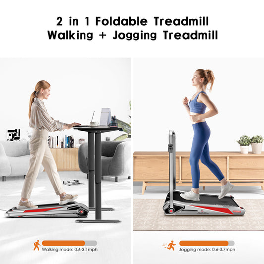 Egofit Walker Plus-M1T 2-in-1 folding treadmill with handrail used with height adjustable standing desk