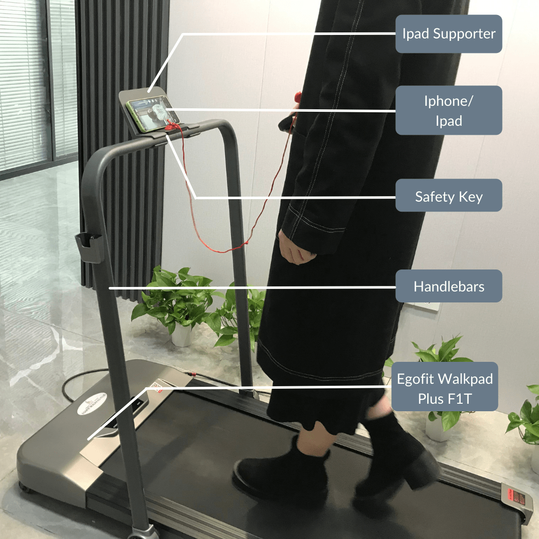 Egofit iPad holder mounted on treadmill in use