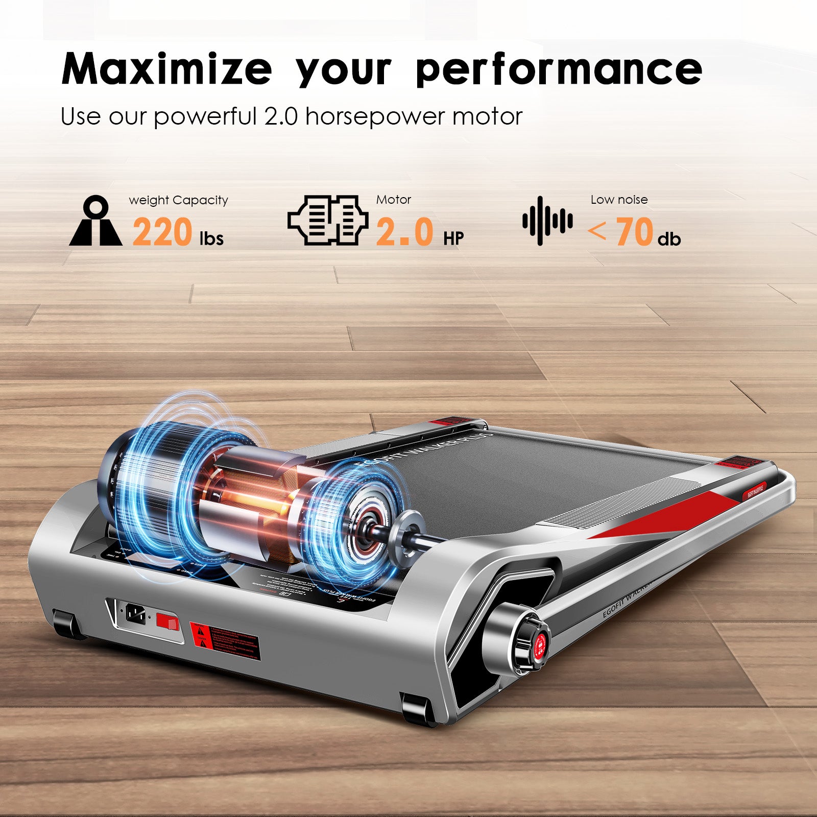 Quiet powerful 2.0HP motor of Egofit Walker Plus-M1T treadmill with noise under 70db