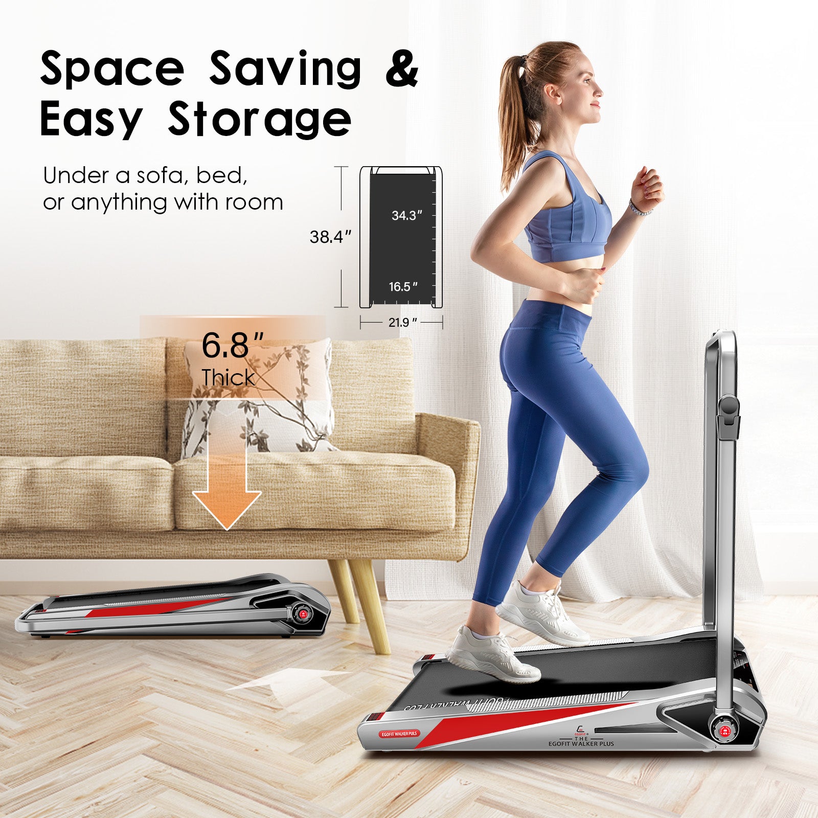 Space saving storage of Egofit Walker Plus-M1T treadmill placed under sofa or furniture